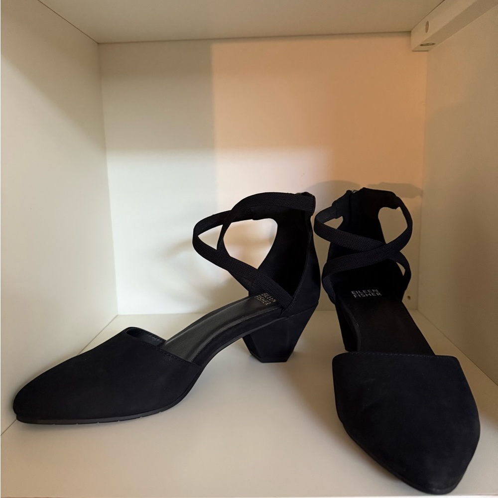 Eileen Fisher Shoes Womens Size 7.5 Black Suede Ankle Strap Block Heel Dressy